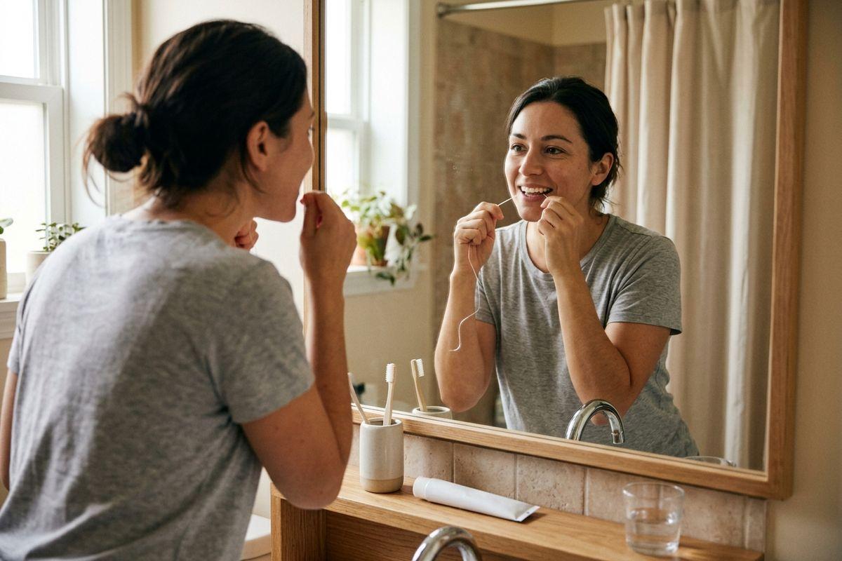 a person flossing their teeth while looking in the mirror
